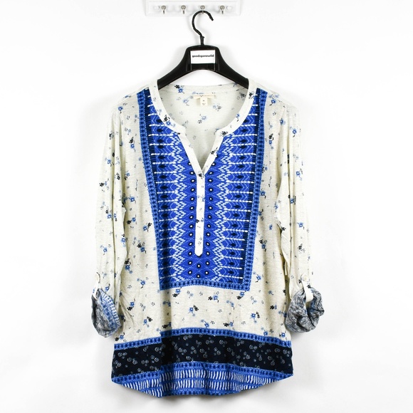 Style & Co Womens Plus Size Printed Y-Neck Roll-Tab Sleeve Tunic Top Blue - Picture 3 of 6